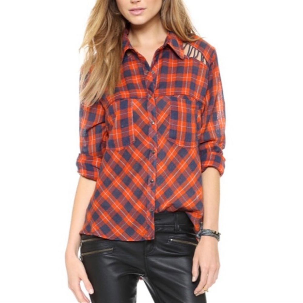 Free People Plaid Pearl Snap Western Shirt Cut Out Top XS